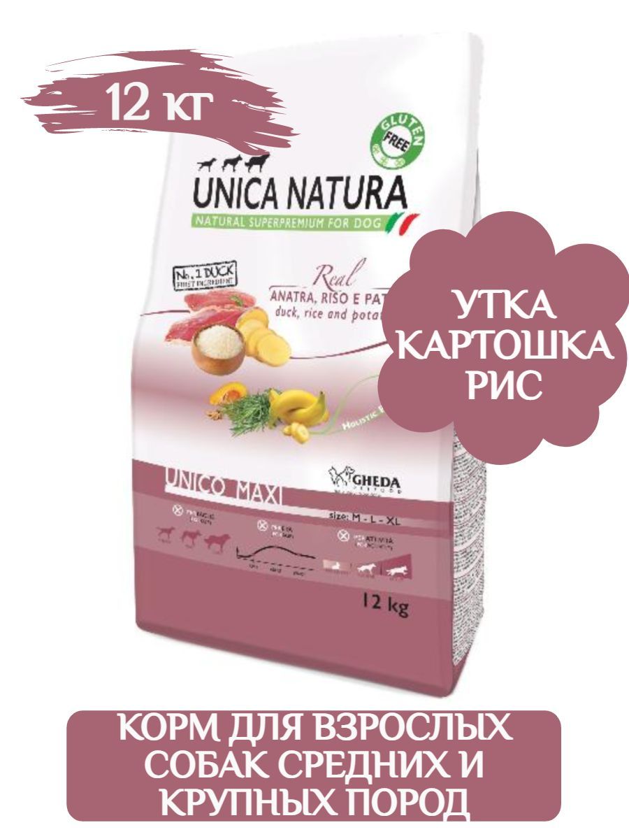 Unica Natura сухой корм для взрослых собак средних и крупных пород утка, рис картофель 12кг фото