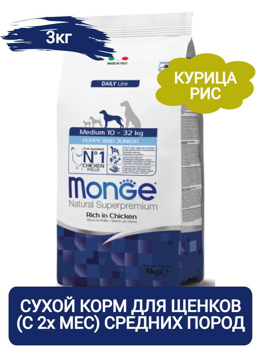 Monge Dog Daily Medium Puppy&Junior Сухой корм для щенков средних пород (с 2 мес), с курицей, 3кг фото