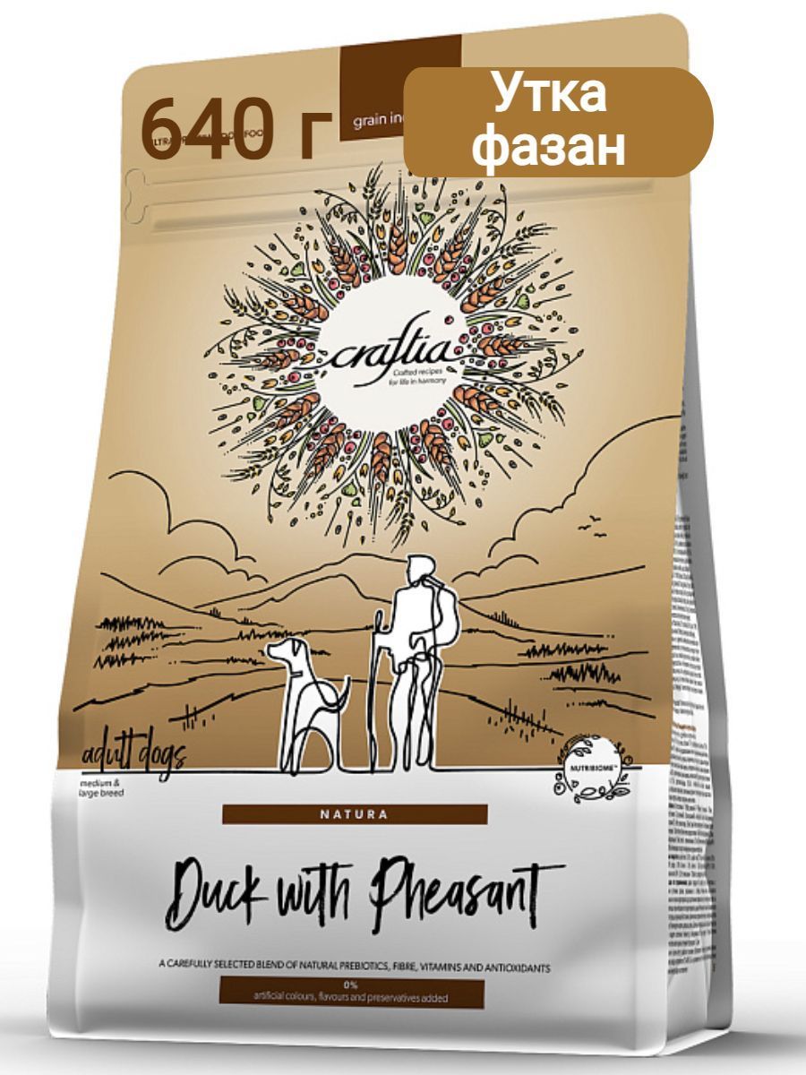 Сухой корм CRAFTIA NATURA для взрослых собак средних и крупных пород из утки с фазаном 640 г фото