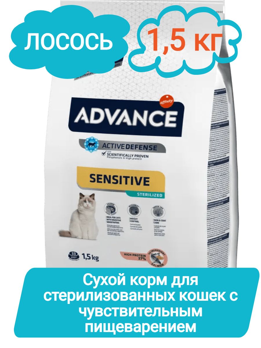 Корм для кошек Advance 1,5кг Сухой корм для стерилизованных кошек с чувствительным пищеварением лосось фото
