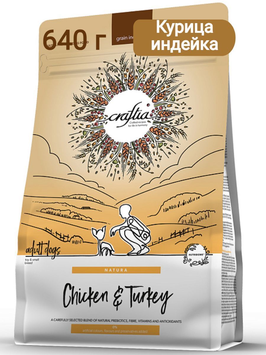 Сухой корм CRAFTIA NATURA для взрослых собак миниатюрных и мелких пород из курицы и индейки 640 г фото