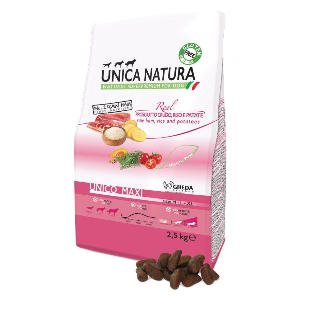 Unica Natura Maxi сухой корм для взрослых собак средних и крупных пород ветчина, рис, картофель, 2,5 кг фото