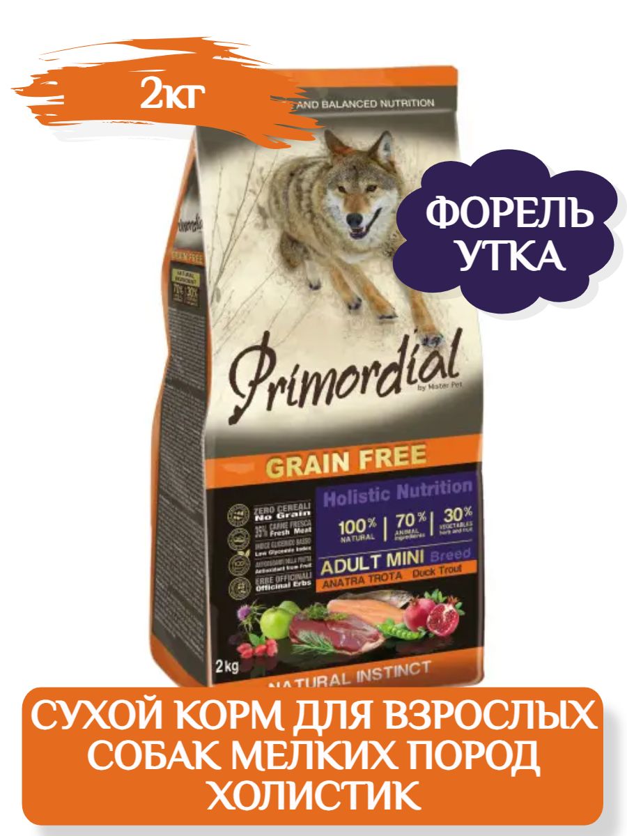 Primordial Dog Adult Mini Сухой корм для собак мелких пород беззерновой с форелью и уткой, 2кг фото